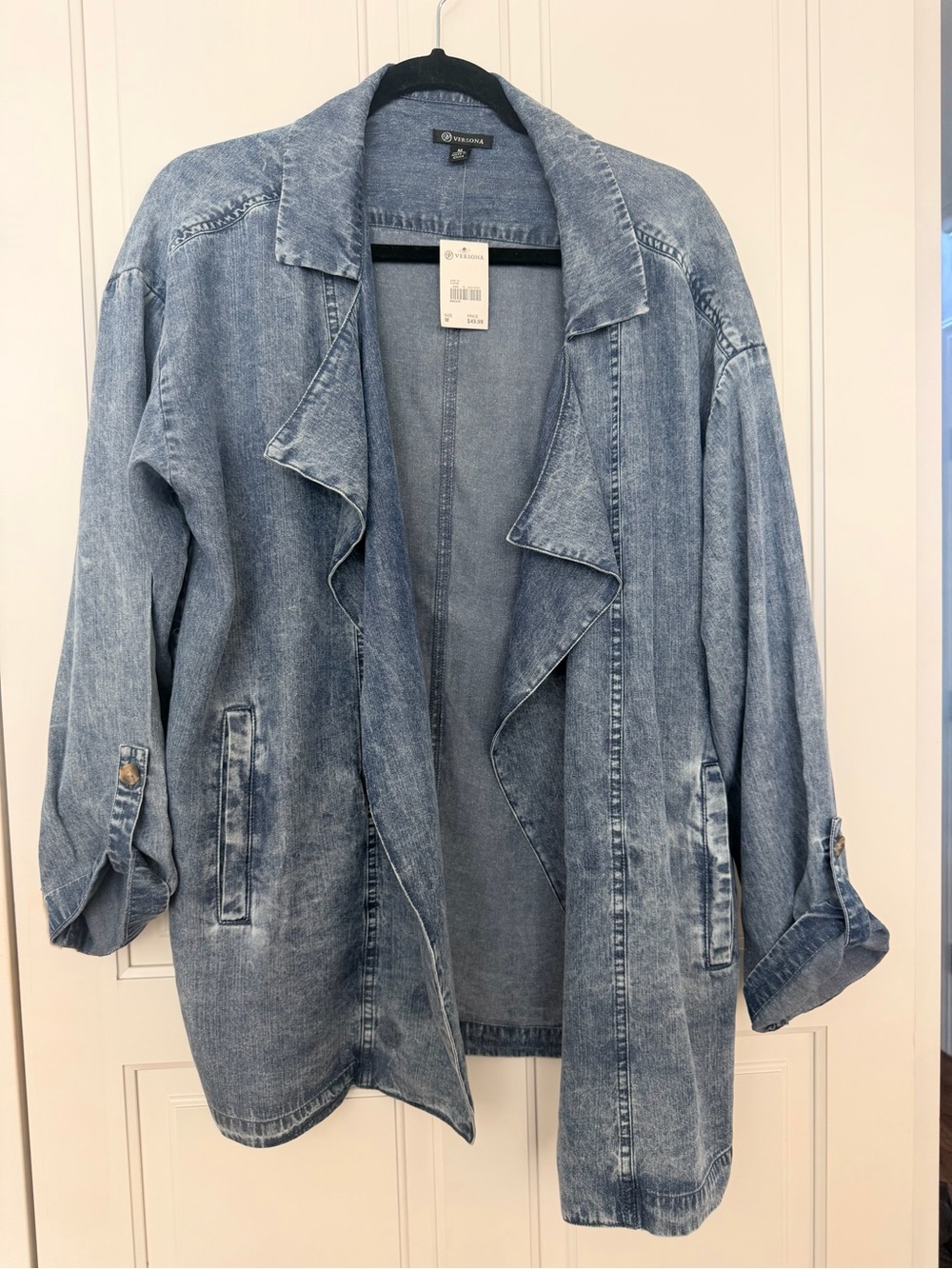 NWT Versona Washed Denim Draped Open-Front Jacket - Light Wash Blue